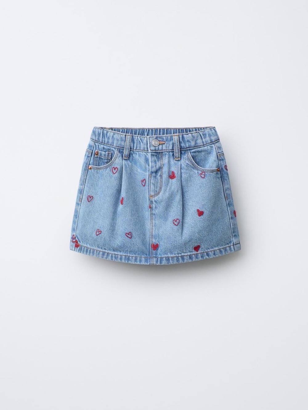 Zara Light Blue Denim Skirt with Red Heart Accents